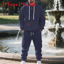 (Navy Blue,XL)Conjunto de moletom e calça masculina com forro de lã para esportes de inverno moda lazer
