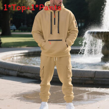 (Tan,XXL)Conjunto de moletom e calça masculina com forro de lã para esportes de inverno moda lazer