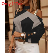 (StyleF,S)Fall Winter Womens Printed Top With Geometric Pattern And Crew Fashion Neck