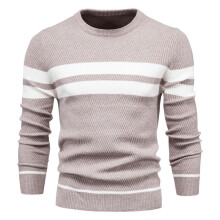 (Beige,XL)Maglione Uomo Autunno Con Blocco Colore E Disegno A Righe Per Tempo Libero Quotidiano
