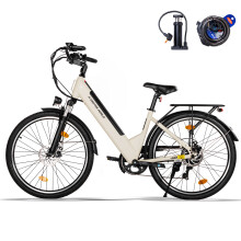 A32 Vélo électrique urbain 26 pouces pour navetteurs, 36V 12,8Ah (460,8Wh), moteur 250W (UE), cadre en acier au carbone — blanc cassé