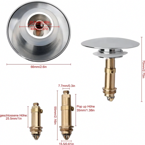 Pop-Up Basin Waste Plug, Click-Clack Spring Drain Fitting for Bathroom Sink, Push-Button Design, Chrome Finish 1