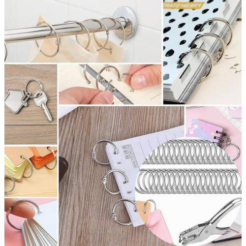 100 Silver Book Rings with Hole Punch, 25mm Outer Diameter, 20mm Inner Diameter, for Loose Leaf Binding and Scrapbooking 1