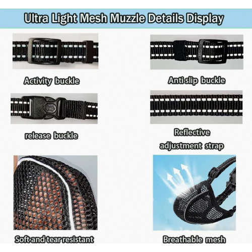 Breathable Adjustable Dog Muzzle for Large and Medium Dogs, Reflective Black L, Helps Prevent Biting, Chewing and Scavenging 1
