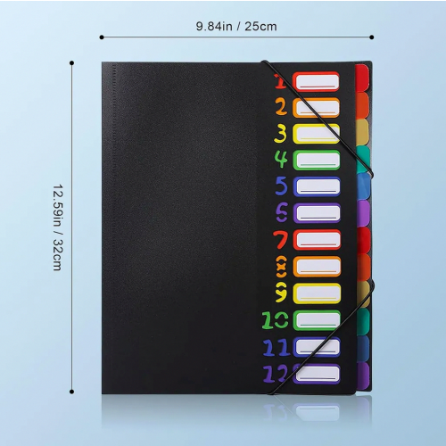 A4 Expanding File Folder with 12 Pockets, Waterproof Document Organiser with Colour-Coded Tabs for School and Office, Black 1