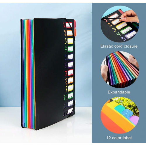 A4 Expanding File Folder with 12 Pockets, Waterproof Document Organiser with Colour-Coded Tabs for School and Office, Black 2