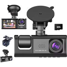 3 Channel 1080P Dash Cam with APP Control, 5GHz WiFi, Card Included 32GB SD, 170 Wide Angle, Loop Recording, G-Sensor, 24H Parking Mode