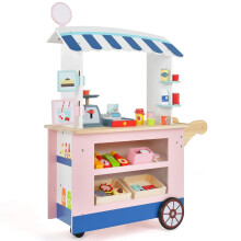 Houten foodtruck voor kinderen met 30 accessoires, geschikt voor kinderen vanaf 3 jaar.