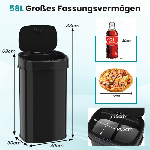 58L Prullenbak met Sensor, Dubbele Zone, Zwart Metaal