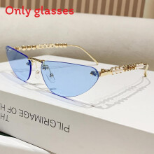 (Transparent Blue)Occhiali da vista gatto con decorazione perle artificiali e montatura in metallo casual per
