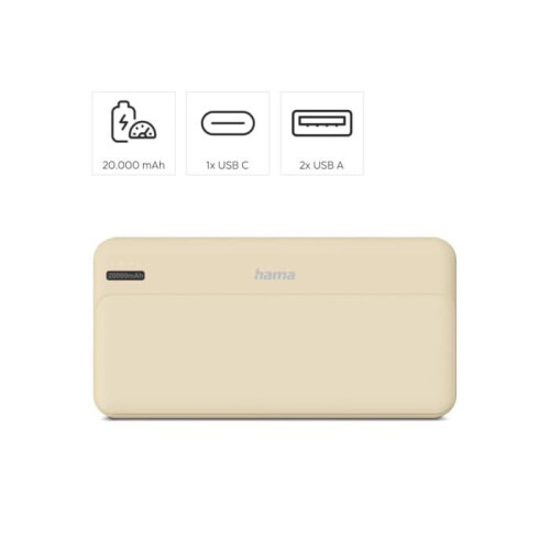 Hama Batterie Externe 20000mAh USB-C Indicateur LED Sorties 2xUSB-A Sable - Rechargeable - USB Type A, USB Type C - Câble électrique 1