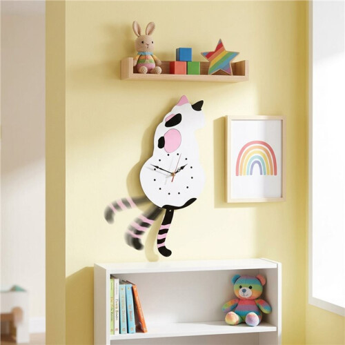White-Cat Pendulum Wall Clock,Cat Clock,Cat Clock with Moving Tail,Cat Swinging,Whimsical Funny Wall Clocks 1