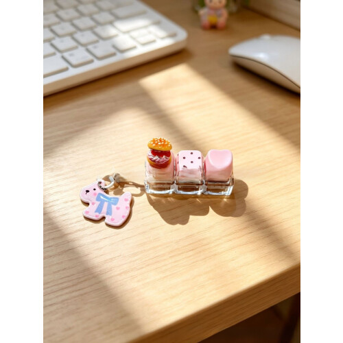 (Pink Hamburger)Keyzonic Dessert Button Keychain With Interactive Design For Home Office Relief Stress