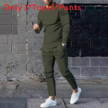 (Army Green,XL)Mens Relaxed Fit Twopiece Set With Long Sleeve T Shirt And Pants Leisure For