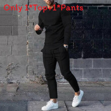 (Black,M)Mens Relaxed Fit Twopiece Set With Long Sleeve T Shirt And Pants Leisure For