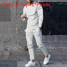 (White,L)Mens Relaxed Fit Twopiece Set With Long Sleeve T Shirt And Pants Leisure For