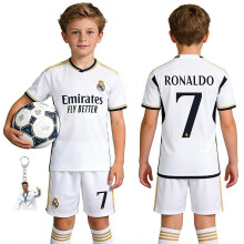(White, 140-150 CM) Real Madrid CR7 Kids Soccer Jersey Set No.7 Ronaldo Shorts Socks White Youth Sports Kit