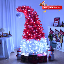 Santa Hat Style Pre Lit Christmas Tree Remote Control for Home Store Party Red White 1PCS