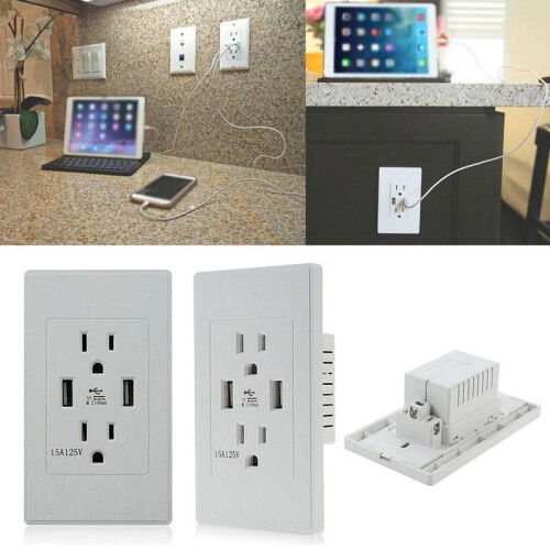 (Black(1pc))2 Packs 2 Outlet 2 Usb Port Wall Socket Charger Ac Power Receptacle Panel Plate 1