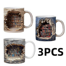 Neue 3D-Bücherregal-Tasse (2026) – Coole Geburtstags- und Weihnachtsgeschenke für Sie und Ihn – Keramiktassen, 3er-Set