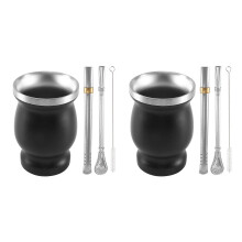 Ensemble de 2 tasses à yerba maté en acier inoxydable (2026) avec 2 bombillas, pailles et goupillon (240 ml), noir.