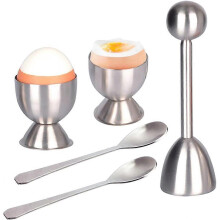 Juego de 5 piezas para tapas de huevos 2026: 2 hueveras, 2 cucharas, 1 cortador, abrehuevos de acero inoxidable, 2024 Ping