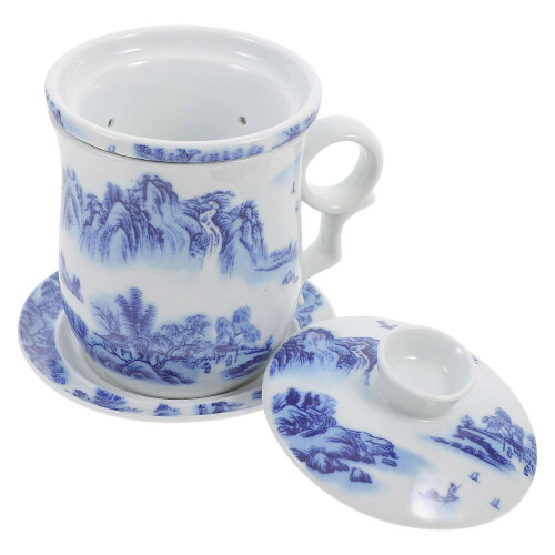 2026 Ceramic Tea Cup Chinese Style Daily Drinking Blue Color Tea Leaf Filtering 1 Set