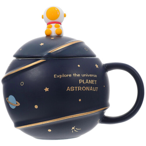 2026 2Sets Ceramic Astronaut Themed Drinking Cup with Lid Spoon for Home Use