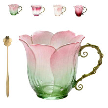 2026 Handcrafted Glass Coffee Tea Cup with Elegant Petal Design and Vine Handle, Gradient Blush Mint