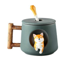 Mug tendance en céramique à motif dessin animé 2026, tasse à café avec couvercle et cuillère, vert PXCL