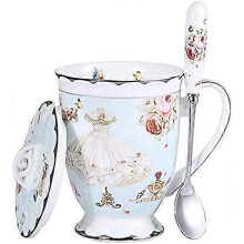 Teetasse aus feinem Knochenporzellan im Art-Style-Stil mit Deckel, geeignet für Frühstück und Küche, Rosen- und Schmetterlingsmotiv, 11,5 x 8,7 cm
