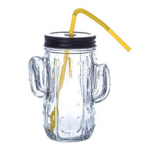 2026 450ml Kaktus-Glasbecher, großer Saftbecher, Milchbecher mit Deckel und Strohhalm (transparent)