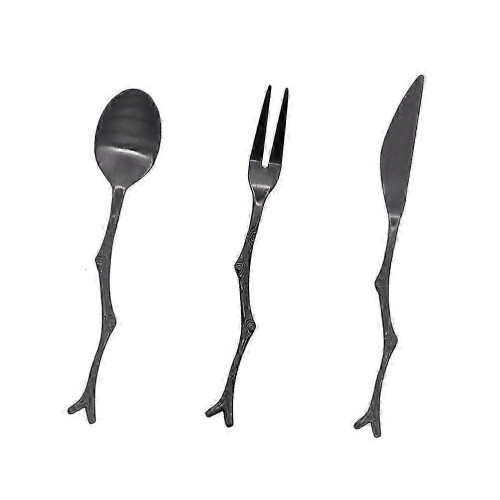 2026 3pcs Spoon Fork Set Vintage Flatware Tree Branch Fruit Cutlery Home Restaurant (Black) 2
