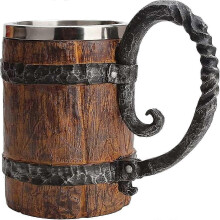 2026 Retro Wooden Barrel Double-walled Cup Stainless Steel Coffee Beer Cup Viking Style Drink Cup