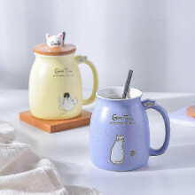 2026 Katzenbecher, niedliche Keramik-Kaffeetasse mit Deckel und Löffel, 380 ml, gelb