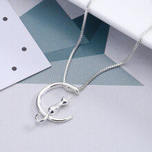 (silver)Cute Cats Moon Pendant Necklace Romantic Charm Chain Necklaces Elegant Women Fashion Gifts Jewelry