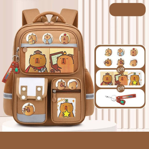 (khaki,L)Sanrio Capybara Backpack Waterproof Multiple Compartment With Pendant Reflection