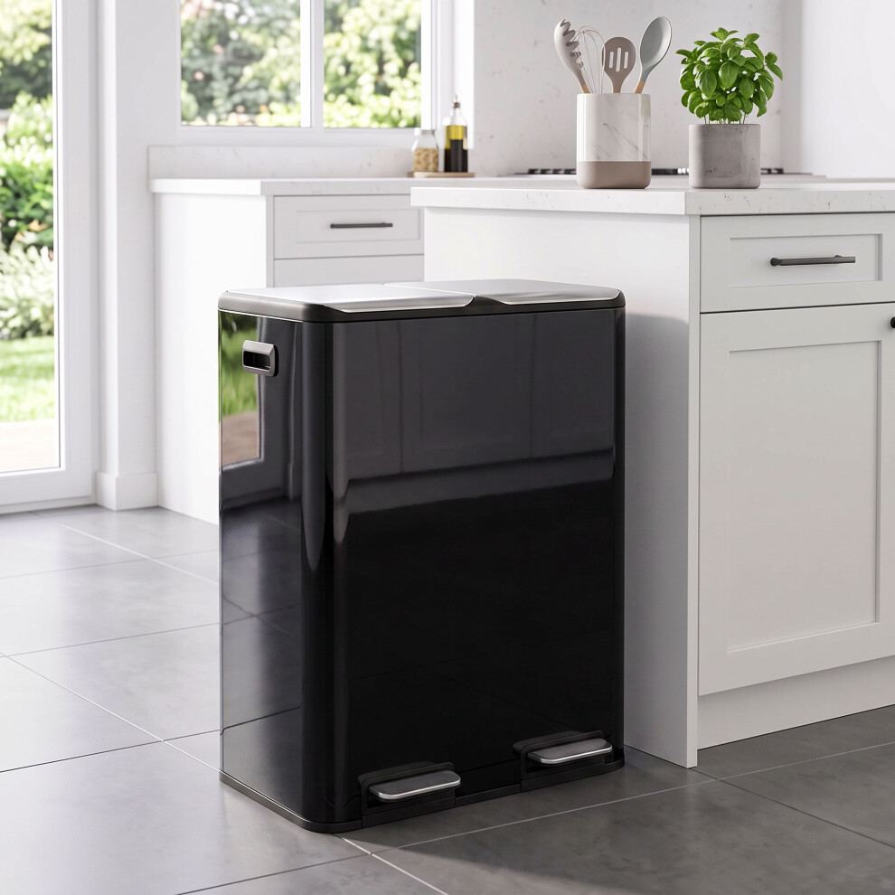 Homcom 2X30l Kitchen Bin, Stainless Steel Recycling Bin, High Gloss Black