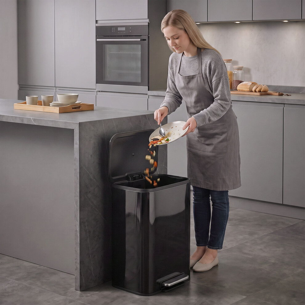 Homcom 50L Kitchen Bin, Metal Rectangular Pedal Trash Bin, High Gloss Black