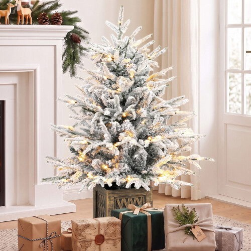 Homcom HOMCOM 90 cm Prelit Flocked Table Christmas Tree, Base Stand, Green White 1