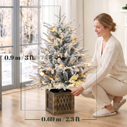 Homcom HOMCOM 90 cm Prelit Flocked Table Christmas Tree, Base Stand, Green White 2