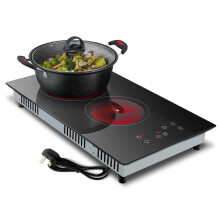 KICHPOWER Ceramic Hob 2 Zones, Electric Plug in Hob 30cm 2 Burners, 2800W, 9 Power Levels, 1-99 min Timer, Residual Heat Indicator, Child Safety Lock