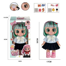 13 inch green haired sweet student 5D glasses doll with music, hair clip, and DIY shoe flower toys