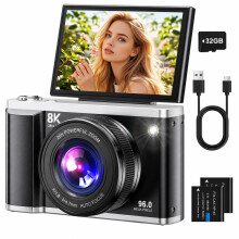 Digital Camera 8K 96MP with WiFi, 20X Digital Zoom Autofocus Vlogging Camera, 3.5" 180Flip Screen Anti-Shake Compact Camera with 32GB SD Card & 2 Ba
