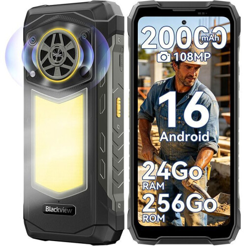 Blackview Blackview Rock 5 Téléphone Portable Incassable 24Go+256Go 20000mAh Caméra 108MP Lampe de Camping Android 16 IP69K 2.4K 120Hz-Noir