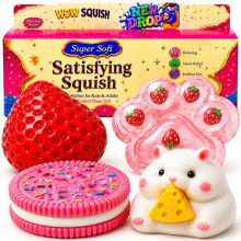 4PCS Cute Squishy Toys Set Strawberry Cookie Cat Paw Hamster Mochi Fidget Sensory Toy for Stress Relief Anxiety Calming Washable Desk Accessories Par
