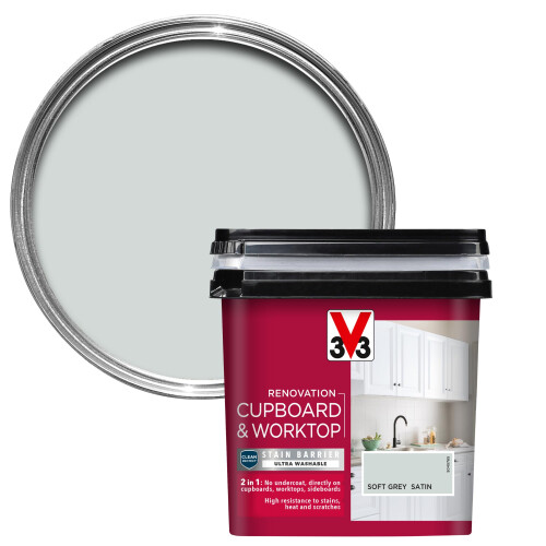 V33 Renovation Cupboard & Worktop Paint, Soft Grey Satin, 750ml