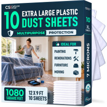 CS 10 Pack Clear Plastic Dust Sheets for Decorating/Painting, 12x9Ft Each