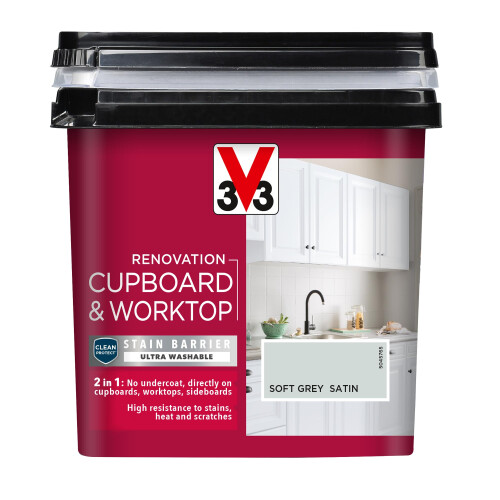 V33 Renovation Cupboard & Worktop Paint, Soft Grey Satin, 750ml 1