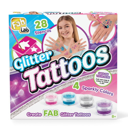 FabLab Glitter Tattoos Kit with 28 Stencils and Bio‑Glitter